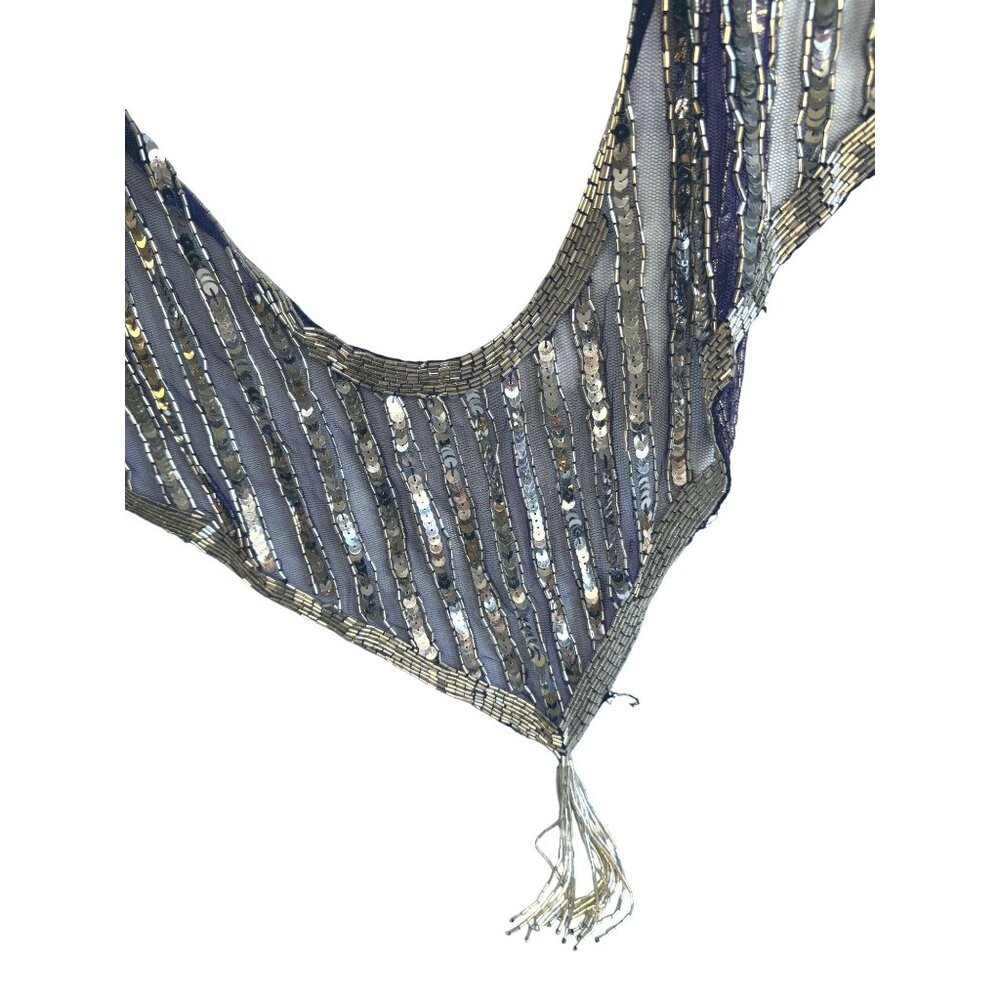 Blue Mesh Silver Sequin Glass Beaded Triangle Shawl Wrap Fringe 23" - Picture 6 of 11